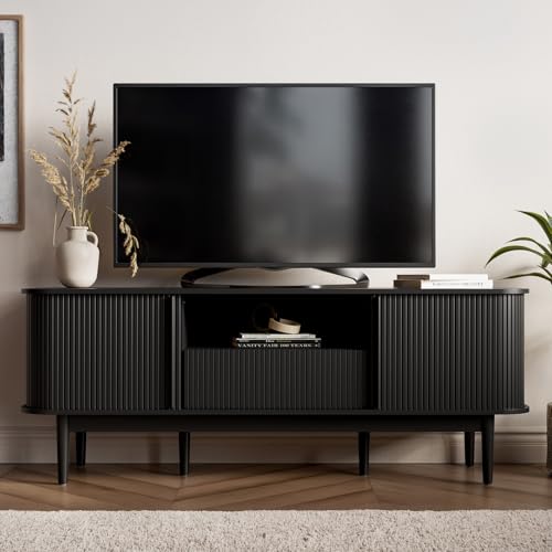 MAISONARIA 63" Black TV Stand, Fluted Entertainment Center for TVs up to 70'', Modern TV Stand with Storage, Entertainment Center with Sliding Doors, Wood Media Console for Bedroom, Living Room - color: Black