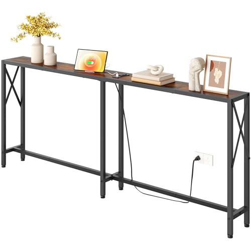 Gewudraw 70 in Skinny Sofa Table Behind Couch, Console Table with Oulets & USB Ports for Hallway, Entryway,Living Room, Bedroom, Rustic Brown - color: Rustic Brown, size: 70W