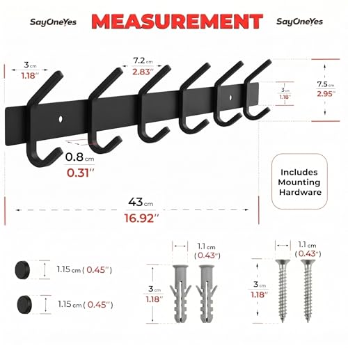 Coat Rack Wall Mount – 17 Inch Stainless Steel Hook Rail with 6 Double Coat Hooks for Hanging – Wall Mounted Entryway Organizer for Coats, Hats, Bags, Towels, Robes, Closet or Bathroom - Black 2 Pack - color: Black, size: 6 Hooks - 2 Pack