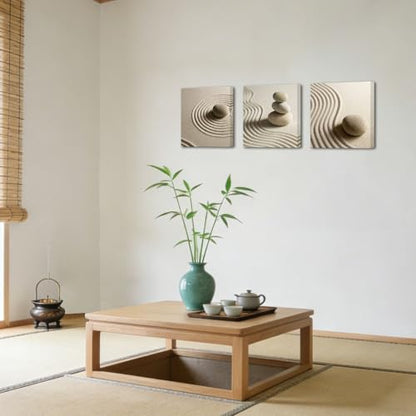 Artsbay 3 Piece Canvas Wall Art Zen Stone and Sand Giclee Print Artwork Calm Peaceful Still Life Picture Painting Modern Spa Room Wall Poster Decor Framed for Home Office Bedroom Bathroom Decoration