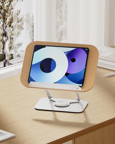 Viozon Book Stand for Reading,Book Holder, Height&Angle Adjustable, 360° Rotating Base, Foldable and Portable, Lightweight for Office, Kitchen, School Textbook, Recipe, Magazine,Kindle,Tablet LW - color: Light Wood