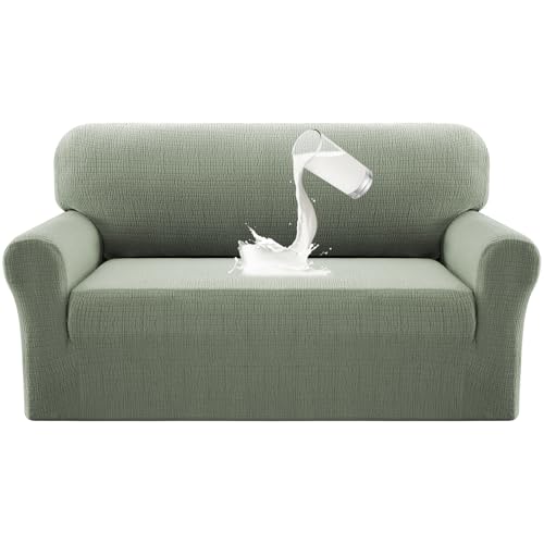 Princedeco Waterproof Couch Cover Slipcovers for Sofas,Stretch Loveseat Cover for 2 Seat Couch,Love Seat Sofa Covers Washable Furniture Protector for Kids, Pets (Loveseat Seat Width 38"-46" Sea Grass) - color: Seagrass, size: 2 Seat (Seat Width 38"-46")