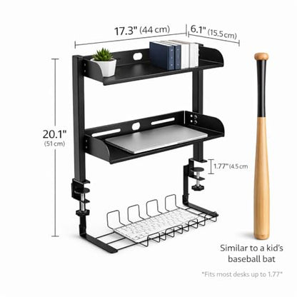 Clamp On Desk Shelves Organizer, Adjustable 2-Tier Desk Storage Rack with Large Trays, Phone Stand & Headphone Hook, No-Drill Setup for Office & Gaming Desks