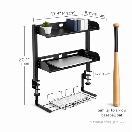 Clamp On Desk Shelves Organizer, Adjustable 2-Tier Desk Storage Rack with Large Trays, Phone Stand & Headphone Hook, No-Drill Setup for Office & Gaming Desks