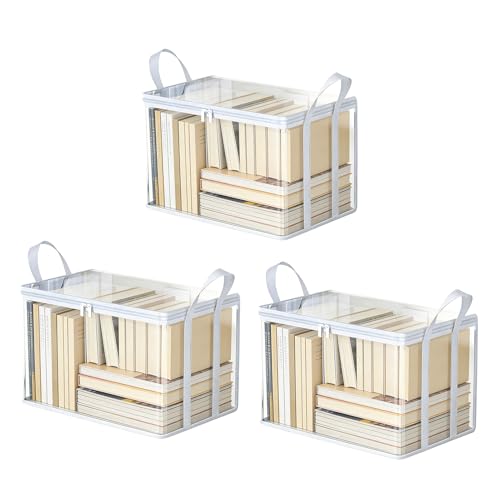 3 PCS Clear Book Storage Containers with Lids - Durable Comic Book Protector & Media Organizer - Collapsible Vinyl Storage Bag with Zipper for Books, Blu-Rays and Office Supplies - 15" x 9.5" x 12.5" - color: White, size: 3-Pack