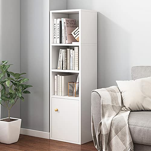 IOTXY Small Narrow Corner Bookcase - 47 Inches Tall Gap Freestanding Storage Cabinet, 4 Lattices Open Shelves Tower Rack with Door, Cubes Bookshelf in White - color: White, size: 4-Cubes with Door