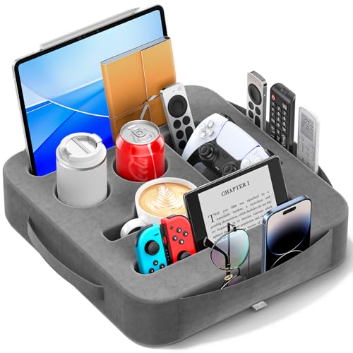 Couch Cup Holder Tray, Couch Caddy for Drink, Snack, Phone, Remote, Ipad, Game Controller, Large-size Sofa Cup Holder for Bed, Sofa, Car, Desk, Deep Gray - color: Deep Gray, size: L-14"×15"×3.2"