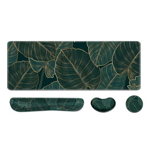 Desk Pad and Keyboard Wrist Rest, Large Mouse Pad + Keyboard Pad+Mouse Wrist Support, Non-Slip Desk Mat Protector for Office, Home 31.5×11.8 Inches Plant Leaves - color: Plant Leaves