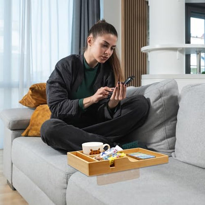 Nnewvante Couch Tray, 2-in-1 Insert & Flat Sofa Organizer Bamboo with 2 Cup Holders,Fits Seat Gaps or Ottomans,for Snacks, Drinks, Remotes,15.35x9.84-inch - color: Bamboo