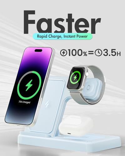 Wireless Charger Stand Charging Station: 3 in 1 Charger Stand Multiple Devices for Apple - iPhone 17 16e 16 15 14 Pro Max 13 12 - Watch 11 10 9 8 7 6 5 4 3 2 SE and Ultra Series-Airpods 4 3 Pro, Blue - color: Blue