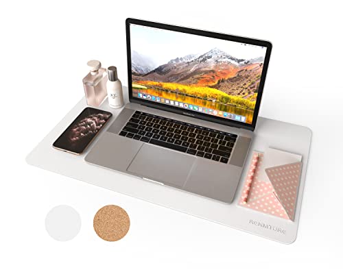RENMTURE Dual-Sided Mouse Pad, Natural Cork & PU Leather Large Desk Pad for Office and Home Work, Desk Protector Non-Slip, Waterproof, Easy Clean (White, 23.6" x 13.7") - color: White, size: 23.6"x13.7"