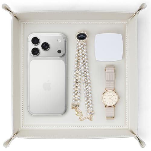 VLANDO Valet Tray,Nightstand Organizer Vanity Catchall Holder for Dresser Desk Storage Bedside, Travel PU Leather Jewelry Key Bowl Coin Watches and Candy Entryway Tray - Large, Beige - color: Beige, size: 11'' x 11'' x 0.2''