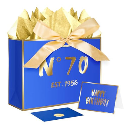 JWSCYSY 70th Blue Birthday Gift Bag with Card, Tissue Paper and Ribbon for Men Boys Birthday Party Favor, Presents Wrapping (12.6" EST 1956) - color: 70TH