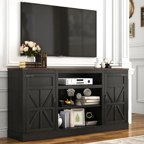 Hlivelood 66" Farmhouse TV Stand with Power Outlets for 75 Inch TVs, 33" Tall Entertainment Center with Storage Cabinets w/Adjustable Shelves, Rustic Large TV Media Console for Living Room, Black - color: Black, size: 66in