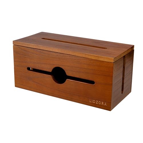 Wooden Cable Management Box for Power Strips, Desk Cord Organizer for Home Office & TV Stand, Hidden Cable Storage with Phone Stand