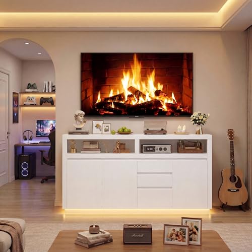 FACBOTALL 63" W Modern TV Stand, Large Entertainment Center with Storage Cabinets & Drawers, Media Console Cabinet up to 70 Inch with LED Lights & Power Outlet, TV Consoles for Living Room, White - color: White