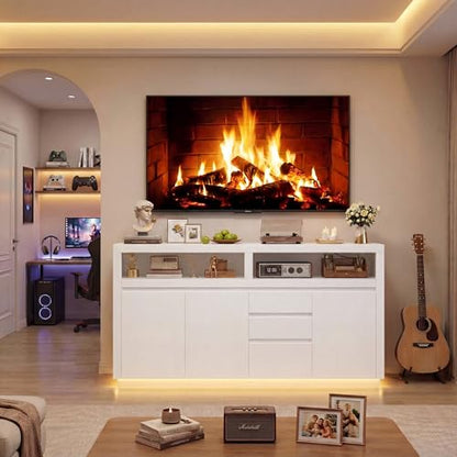 FACBOTALL 63" W Modern TV Stand, Large Entertainment Center with Storage Cabinets & Drawers, Media Console Cabinet up to 70 Inch with LED Lights & Power Outlet, TV Consoles for Living Room, White - color: White