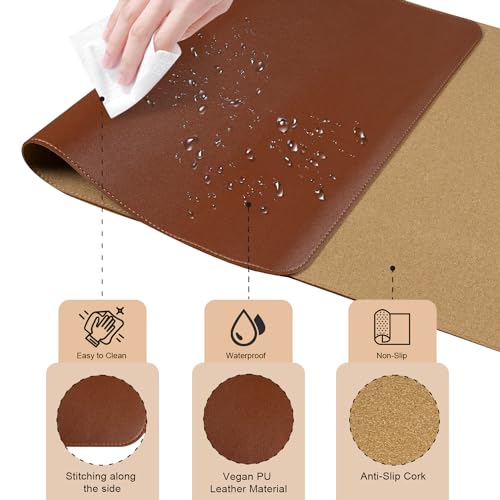 Large Desk Pad 35.4" x 17", Non-Slip Desk Mat with PU Leather & Natural Cork, Waterproof Writing Desk Natural Cork, Computer Mat Desk Protector for Office Home, Brown - color: Brown, size: 2.4" x 2.4"