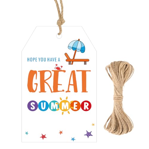 G2PLUS Summer Gift Tags with String, 50PCS End of School Year Tag Classroom | Have a Great Summer White Paper Gift Tags for Student Treats, Teacher Graduation Favors, Hawaiian Vacation and Summer Party - style: Have A Great Summer