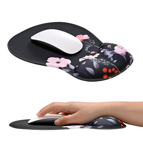 EooCoo Ergonomic Mouse Pad with Gel Wrist Rest Support Middle Concave Design, Relieve Wrist Pain Mousepad, Non-Slip Base for Laptop, Computer, Office Desk Accessories, Carpal Tunnel Syndrome - color: Black Floral