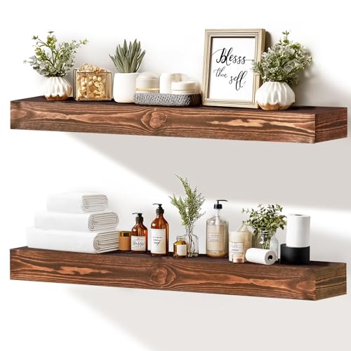 36x3x7 inch Floating Shelves Wall Mounted - Set of 2 Brown Rustic Solid Wood Wall Shelf - Heavy Duty Decorative Fireplace Mantels for Living Room, Bedroom, Bathroom, Kitchen - color: Brown, size: 36x3x7-hollow-2pack