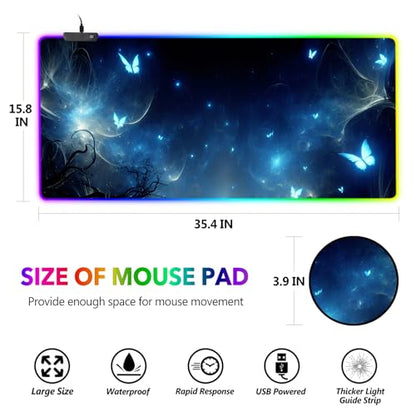 AIMSA RGB Gaming Mouse Pad XXL Large, Extended Glowing Led Light Up Cool Mouse pad Desk Pad Non-Slip Rubber Cute Mousepad Mat 35.4x15.8 Inch, Mysterious Glowing Butterfly - color: Mysterious Glowing Butterfly