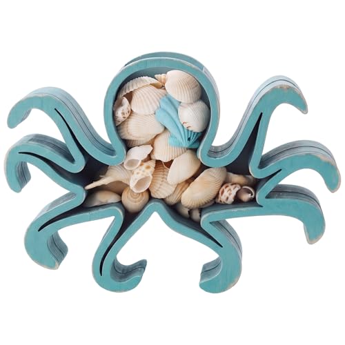 CroBlissful Green Octopus Seashell Holder Seashell Display Box Wooden Small Starfish Shell Display Case with Acrylic Clear Window Shark Tooth Collection Box for Shells Sea Rock Home Decor Present - color: Green, style: Octopus