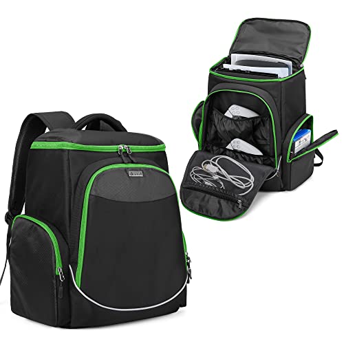 Trunab Gaming Console Backpack Compatible with Playstation 5 / PS5 Slim / PS4 / Xbox One, Travel Carrying Bag with Multiple Pockets for 15.6” Laptop and Gaming Accessories - color: Green Zip
