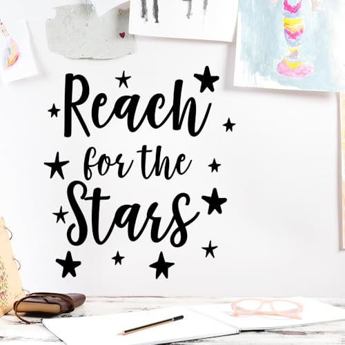 Reach for The Stars Vinyl Wall Decal - Black 26" x 23" Inspirational Quote Sticker - Motivational Wall Art for Nursery, Bedroom, Classroom, Office Décor