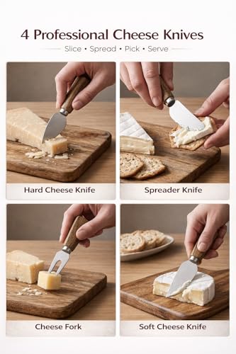 100% Acacia Wood Charcuterie Board Gift Set with Handle & 4 Cheese Knives | Natural Wood Grain | Smooth Polished Finish | Charcuterie & Cheese Board |Hosting & Everyday Serving |Premium Gift Box - size: 15.7
