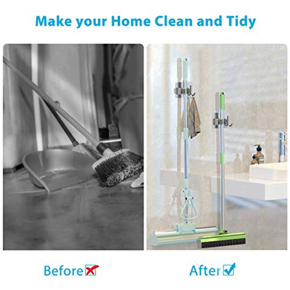 homeasy Mop Broom Holder No Drill, Mop Broom Organizer Wall Mounted Heavy Duty with Hooks Hanger, Self Adhesive Stainless Steel 6Pcs for Bathroom, Kitchen, Office (Silver) - color: Silver