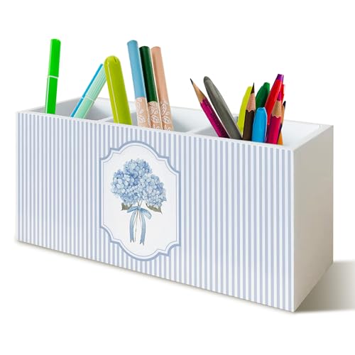 Hydrangea Pen Pencil Holder Organizer for Desk, Hydrangea Gifts, Hydrangeas Kitchen Cooking Makeup Brush Utensil Holder, Blue and White Bow Floral Wooden Box Sign for Home Office Tabletop Decor - color: Retro hydrangea