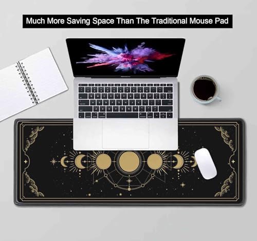 Moon Phases Large Gaming Mouse Pad, Celestial Cycle Lunar Chart Black and Gold Desk Pad, Stars in Space Horoscope Desk Mat, Mystical Astronomy Mousepad for Gamer Home&Office, 31.5x11.8 in - color: Moon Phase on Black