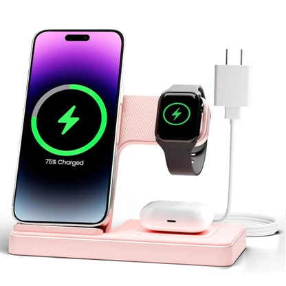 Wireless Charger Stand Charging Station: 3 in 1 Charger Stand Multiple Devices for Apple - iPhone 17 16e 16 15 14 Pro Max 13 12 - Watch 11 10 9 8 7 6 5 4 3 2 SE and Ultra Series-Airpods 4 3 Pro, Pink - color: Pink