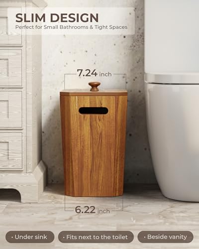 BLUEWEST 2.6 Gallons Acacia Wooden Bathroom Trash Can with Lid & PP Liner – Small Wastebasket with Handle, Decorative Wood Bin for Bedroom, Office or Under Counter Use