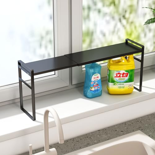 1pcs Small Narrow Tall Shelf for Windowsill Kitchen Organizer Window Sill Plant Shelf Stackable Shelves Bathroom Sill Thin Shelves for Narrow Spaces Counter Top Racks - color: Black, size: L13.8-23.6'' * W3.5'' * H7.5''