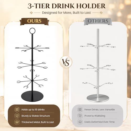 Cocktail Tree Stand for Drinks Wine Champagne Glass Tower for Parties, 3 Tiers 18 Holders Bar Wedding Metal Wine Glass Display Holder for Martinis Margarita Cups(Black,Round Bottom,1 Pcs) - color: Black