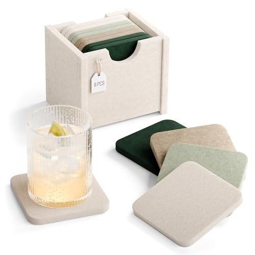Fluxynara Felt Coasters for Drinks, Set of 8 Absorbent Coasters with Holder, Heat-Resistant & Reusable Square Design for Coffee Table & Living Room, 3.94 Inch, Nordic Moss - color: Nordic Moss, size: Square - 8 Count