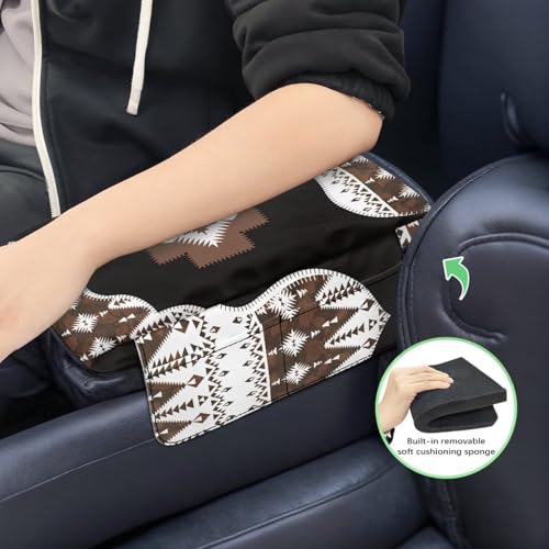 Wanyint Southwest Aztec Black Brown Car Center Console Cover Comfortable Armrest Storage Box Mat Anti-Scratch Middle Console Cover Protective Cover Universal Fit Most Vehicle, SUV, Truck - color: Southwest Aztec Black Brown
