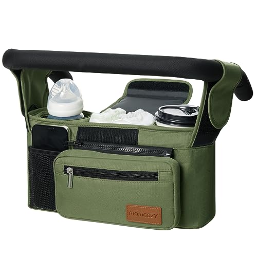 Momcozy Universal Baby Stroller Organizer, 2 Insulated Cup Holder, Detachable Zippered Pocket, Adjustable Shoulder Strap, Large capacity for baby essentials, Compact Design Fits Any Strollers - color: Green
