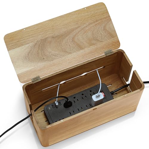 Large Acacia Wood Style Cable Management Box, Cord Organizer Power Strip Box with Magnetic Outlet Covers, Cord Hider for Desk and Floor Cable Storage, Ventilated Design