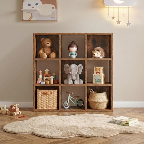 LUCKLIFE 9-Cube Storage Organizer, Stackable Modular Bookcase Shelf with Vertical or Horizontal Use, Fits 11×11" Bins, Optional Back Panels, for Living Room, Office, Vintage Brown - color: 9 Cube - Vintage Brown