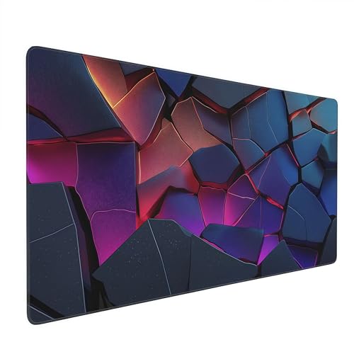 Large Gaming Mouse Pad with 3D Geometric Design, Non-Slip Rubber Base, Blue Purple Red, 35.4 x 15.7 Inches, Rectangular Desk Mat - color: 3D Geometric