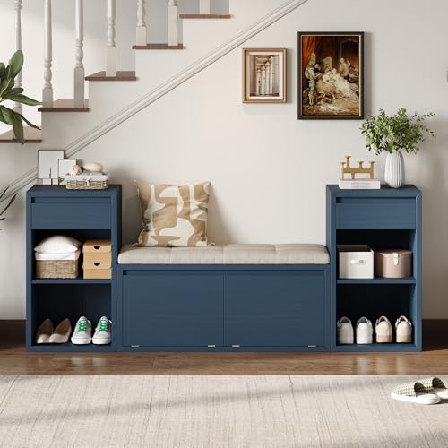 77.48" Entryway Storage Bench with Cushion, Drawers & Shelves, Antique Navy | 4-in-1 Hallway Bench with Drawers, Compartments & Open Shelves – Mudroom Shoe Storage, Entryway Organizer - color: Antique Navy