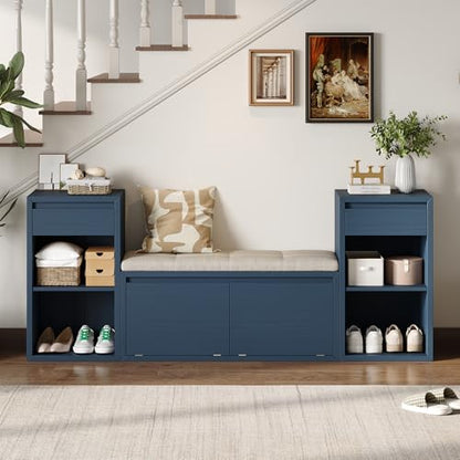 77.48" Entryway Storage Bench with Cushion, Drawers & Shelves, Antique Navy | 4-in-1 Hallway Bench with Drawers, Compartments & Open Shelves – Mudroom Shoe Storage, Entryway Organizer - color: Antique Navy