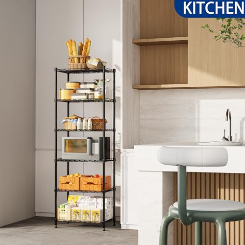 REGILLER 6 Wire Shelving Steel Storage Rack Adjustable Unit Shelves for Laundry Bathroom Kitchen Pantry Closet(Black,11.7" D x 21.4" W x 63" H) - color: Black, size: 6tier 11.7"D x 21.4"W x 63"H