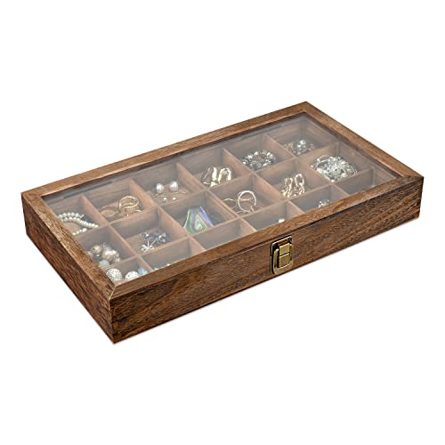 MOOCA Wooden Jewelry Display and Beads Display Storage Case with Tempered Glass Lid , 18 Compartments, 15" W x 8 3/8" L x 2 1/8" H, Brown Color