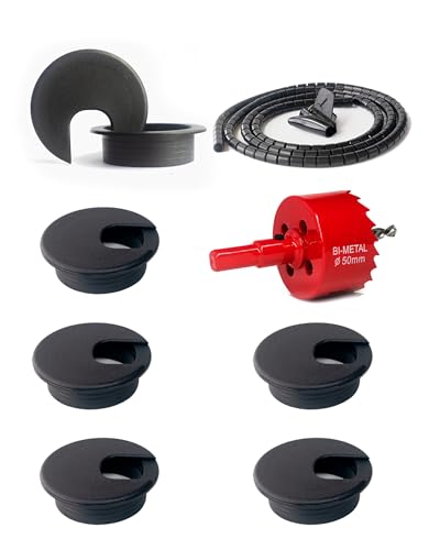 6 Pack Desk Grommet 2 Inch (50 mm) Bi-Metal Hole Saw Kit | with Cord Wrap Coiled Tube Management,2 m Cable Sleeve Organizer with Table Hole Cover