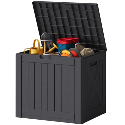 JUMMICO 42 Gallon Deck Box Waterproof, Resin Outdoor Storage Box with Side Handles, Outdoor Storage Benches Lockable for Patio Cushions and Garden Tools (Black) - color: Black, size: 42 gallon