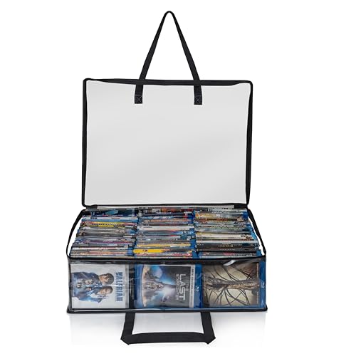 Besti Blu Ray Case Holder Organizer, Set of 2 Clear Plastic Bags with Handles for Storing Blurays, DVDs, CDs, Storage Bags for Video Game Cases, Holds Up To 90 Bluray and 60 DVD Cases (Black)